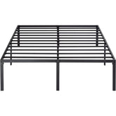 A sturdy metal bed frame with black slats, showcasing a contemporary and industrial aesthetic.
